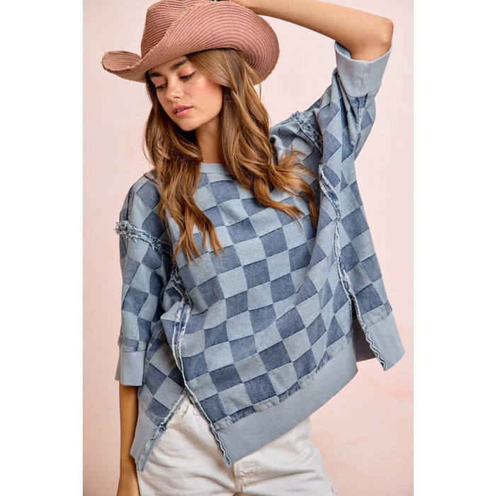 Denim Washed Checkered Short Sleeve Top
