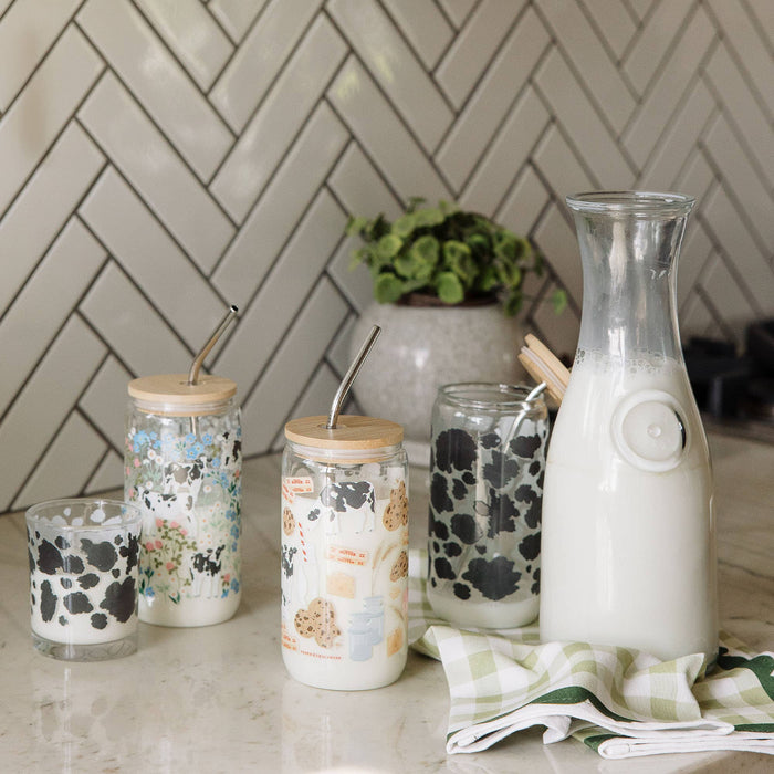 Milk Cows & Flowers Glass Can