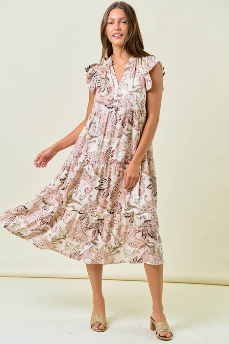 Paisley Print Split Neck Tiered Midi Dress