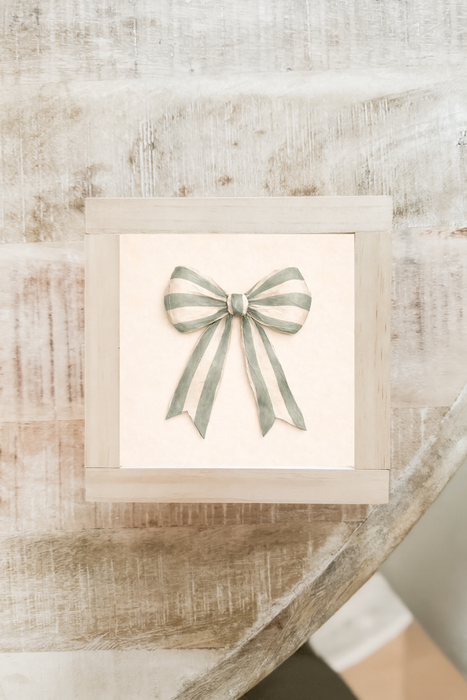 Sage Stripe Bow Framed Wall Art 7x7"