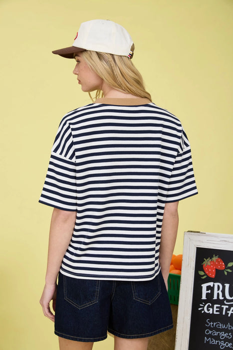 Navy Stripe Colorblock Detail Short Sleeve Knit T-Shirt