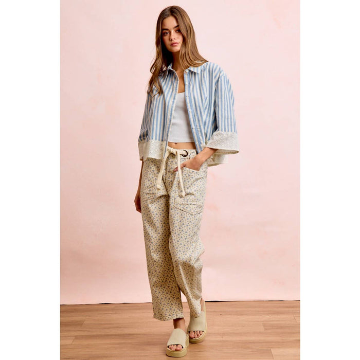 Braided Belt Patch Pocket Floral Print Pants
