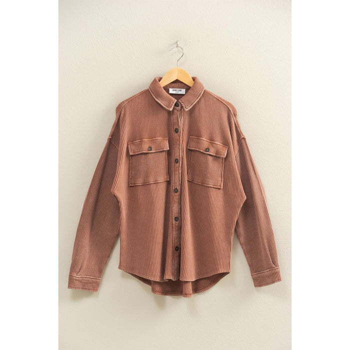 Black Oversized Mineral Washed Waffle Button Up Shacket