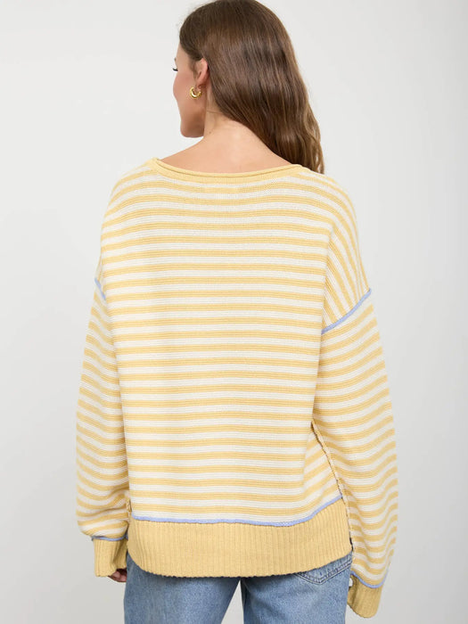 Yellow Stripe Contrast Stitch Raw Edge Knit Sweater