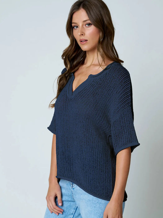 Navy Split Neck Raw Edge Sheer Crochet Knit Top