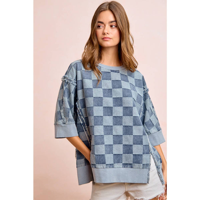 Denim Washed Checkered Short Sleeve Top