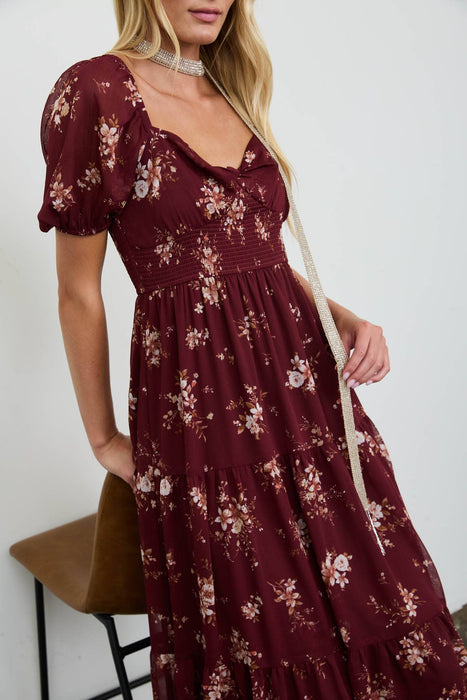 Floral Sweetheart Smocked Puff Tiered Midi Dress