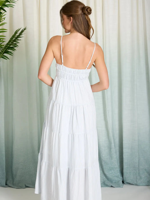 Denim Stripe Shirred Empire Waist Tiered Midi Dress