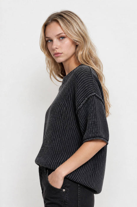 Burgundy Washed Raw Edge Short Sleeve Sweater