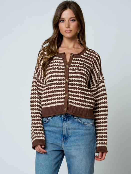 Brown Textured Stripe Crochet Knit Button Down Cardigan