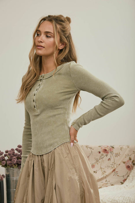Light Olive Washed Long Sleeve Ribbed Henley Top