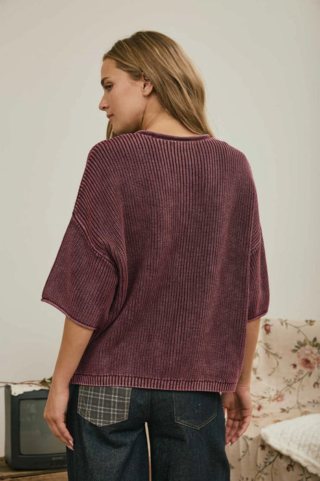 Burgundy Washed Ribbed Short Sleeve Rolled Edge Cardigan