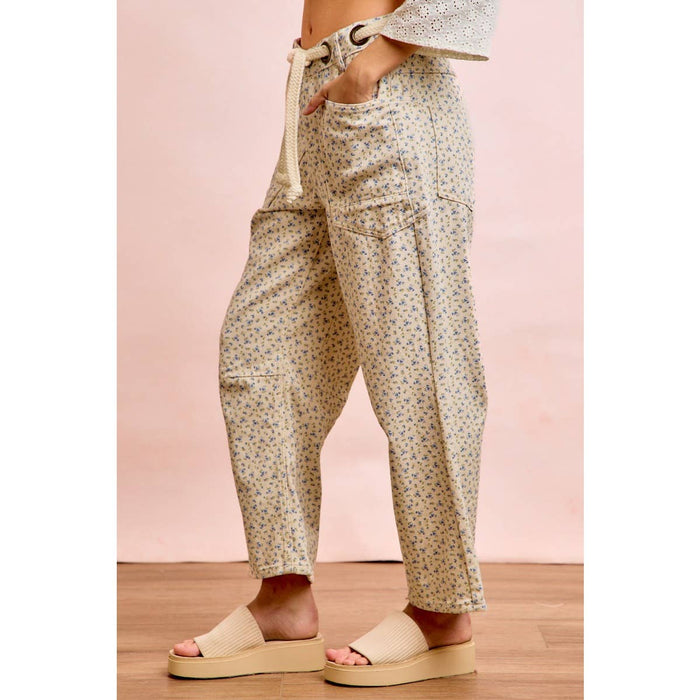 Braided Belt Patch Pocket Floral Print Pants