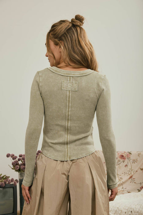 Light Olive Washed Long Sleeve Ribbed Henley Top