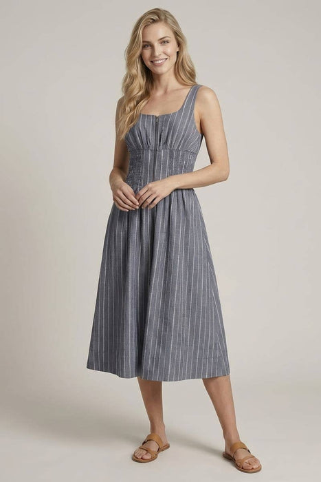 Scoop Neck Waist Zip-Front Lined Midi Dress