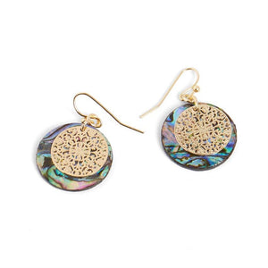 Abalone Circle w Gold Design Dangle Earrings