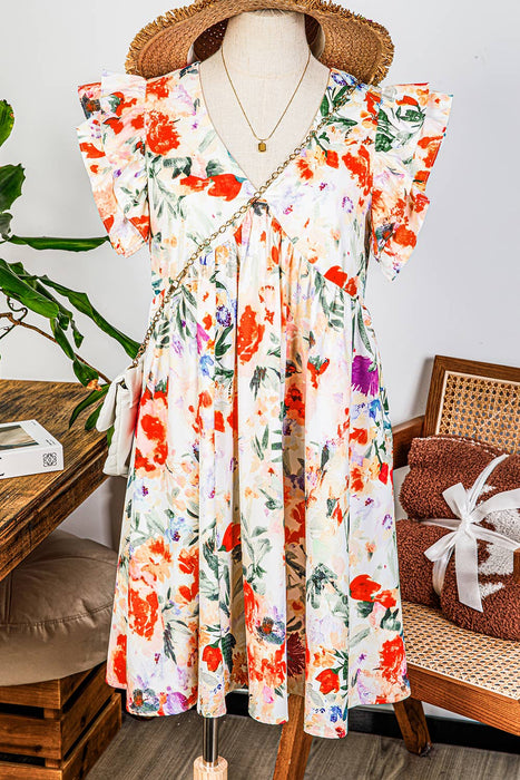 Floral Double Ruffle Sleeve High Waist Mini Dress | S-XL