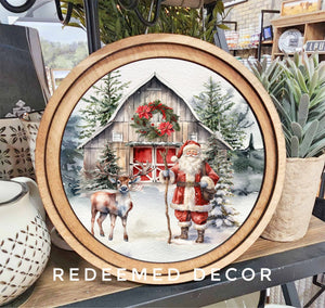 8" Round Santa Barn Reindeer Art