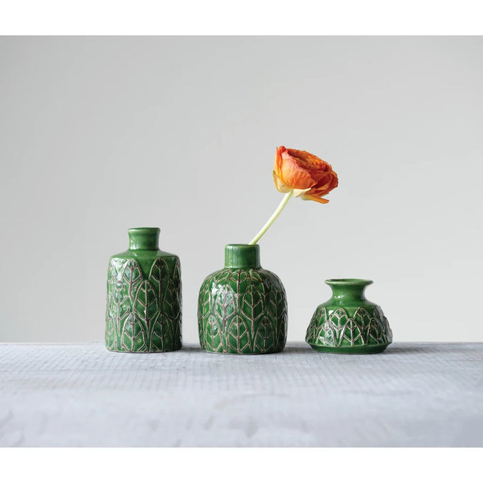 Green Embossed Stoneware Vases