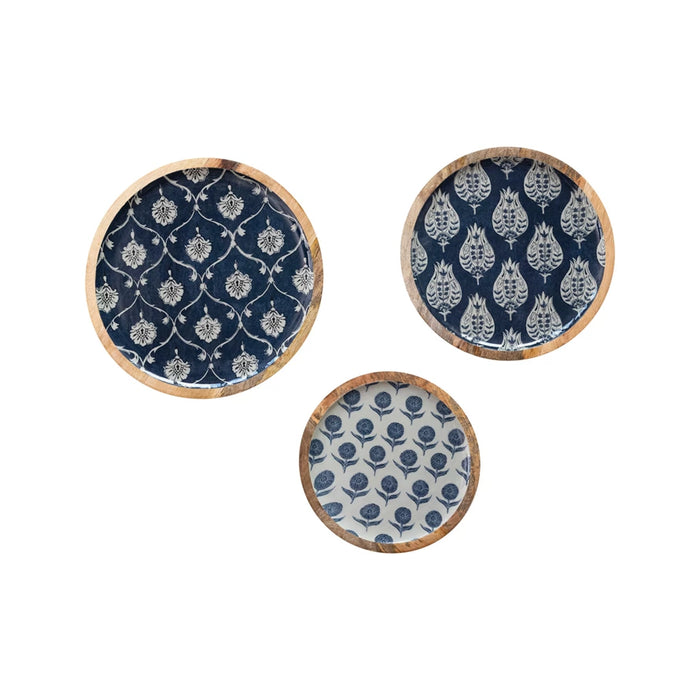 Enameled Mango Wood Trays w/ Floral Pattern