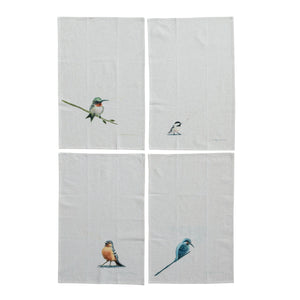 Cotton & Linen Printed Tea Towel w/ Bird, 4 Styles ©