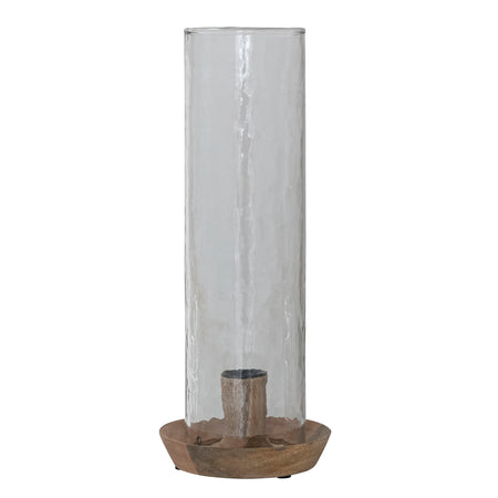 Mango Wood Taper Holder with Hammered Glass Hurricane, Natural, Set of 2