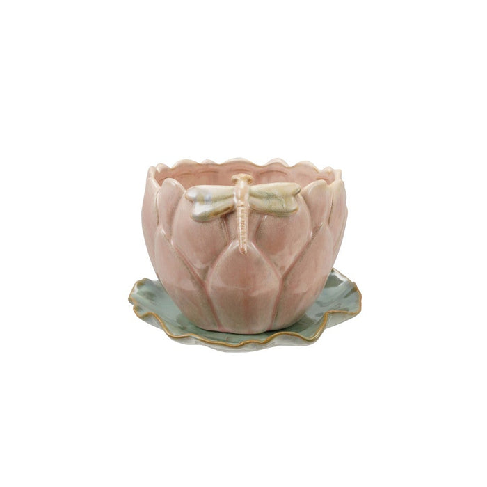 Stoneware Flower Shaped Planter & Saucer, Set of 2 (Holds 4" Pot) (Each One Will Vary)