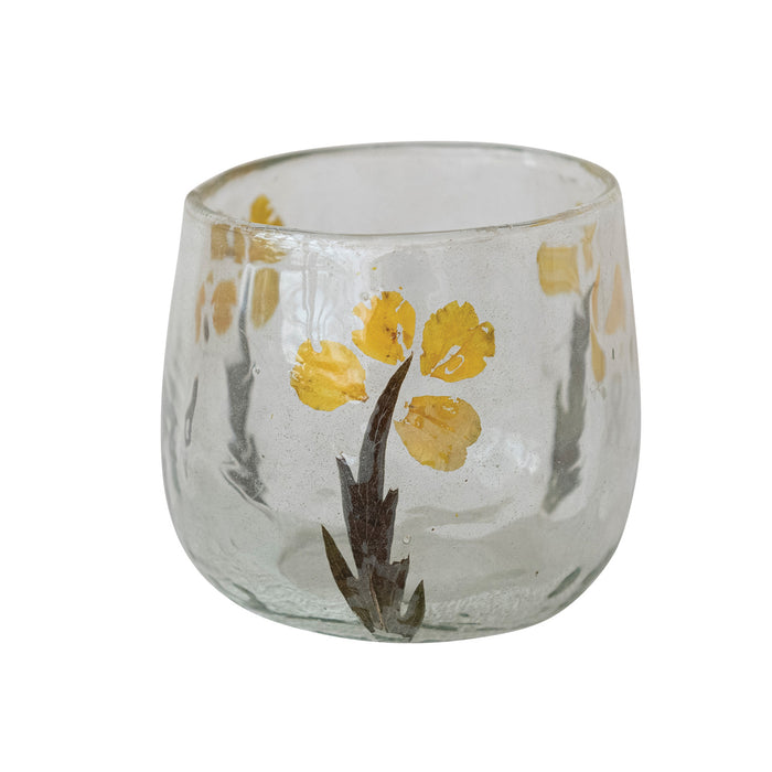 Yellow Flower Glass Tealight Holder 3-1/2"h