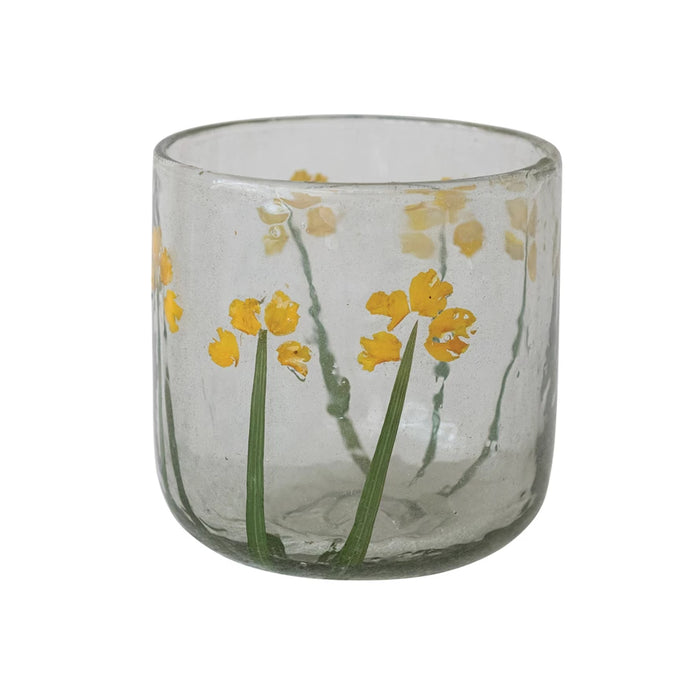 Yellow Flower Glass Tealight Holder 3-1/2"h