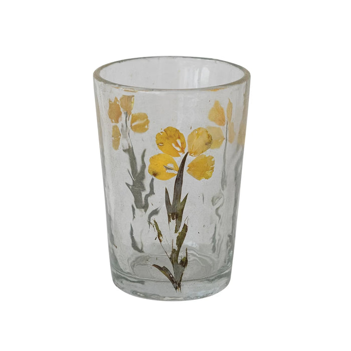 Yellow Flower Glass Tealight Holder 4"h
