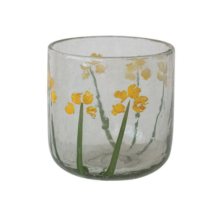 Yellow Flower Glass Votive Holder 4"h