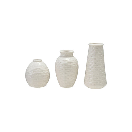 Embossed Stoneware Basket Weave Vases, Cream Color, Set of 3