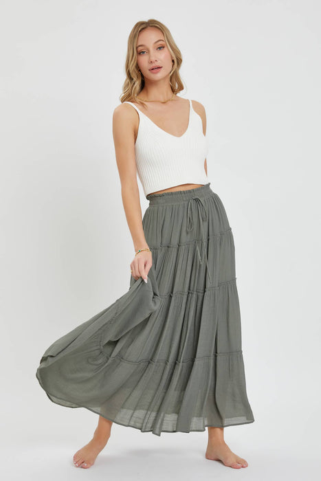 Olive Flowy Tiered Maxi Skirt