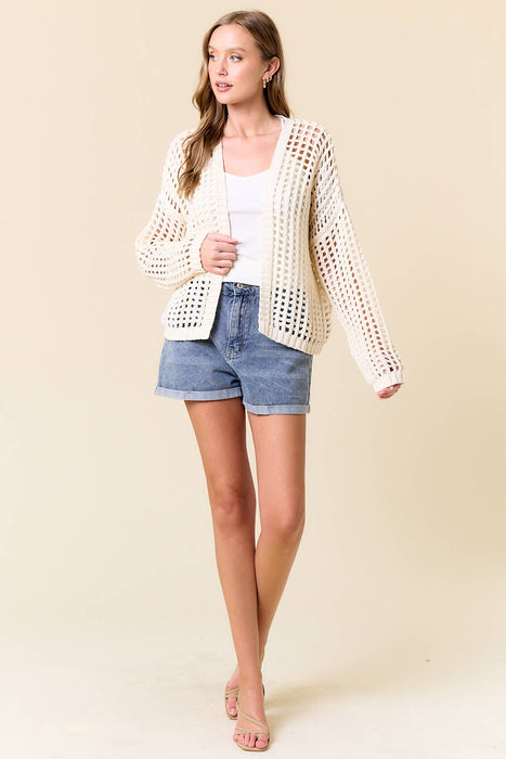 Fishnet Cropped Open Cardigan - Off White
