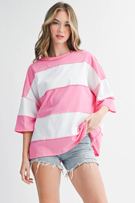 Pink/White Color Block Cotton Top