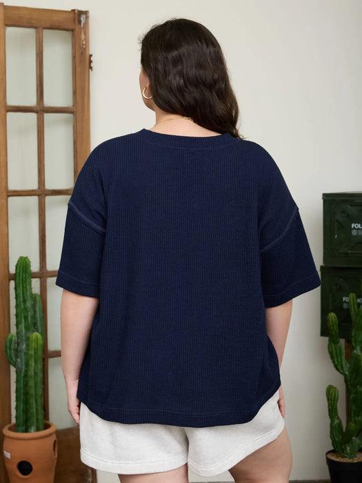 Plus Ribbed Split Neck Short Sleeve Boxy Knit Top