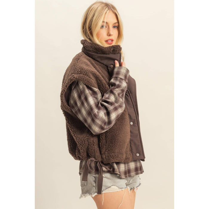 Brown Cozy Sherpa Vest Jacket with Tie-Up Side Details