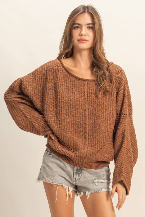 Brown Ribbed Drop Sleeve Sweater