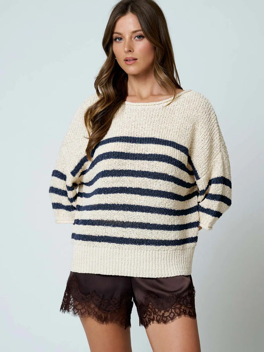 Navy Stripe Textured Knit Half Sleeve Knit Sweater