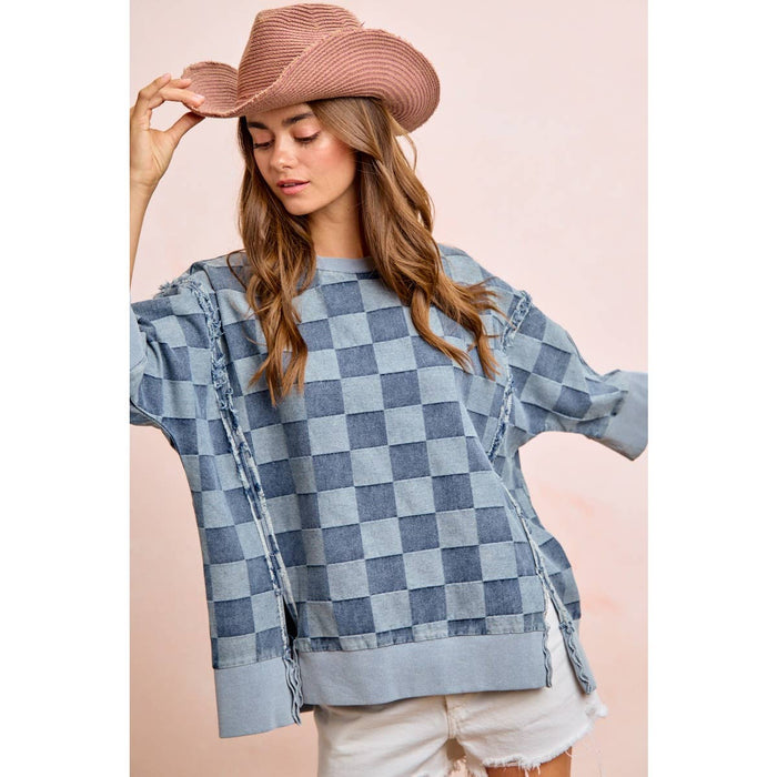 Denim Washed Checkered Short Sleeve Top