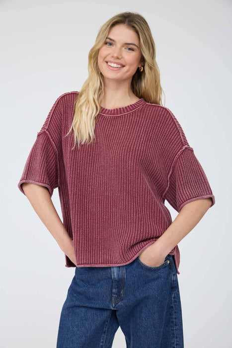 Burgundy Washed Raw Edge Short Sleeve Sweater