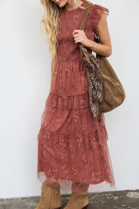 Smocked Ruffle Tiered Floral Midi Dress