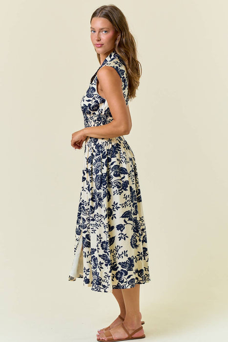 Navy & Ivory Paisley Smocked Waist Zip Front Midi Dress