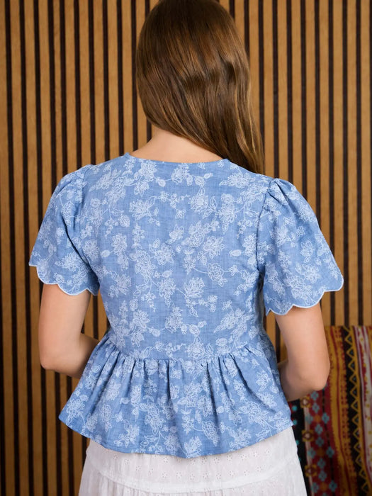 Denim Blue Floral Embroidery Front Tie Scalloped Peplum Top