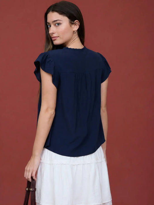 Navy Ruffled Yoke Short Sleeve Henley Blouse