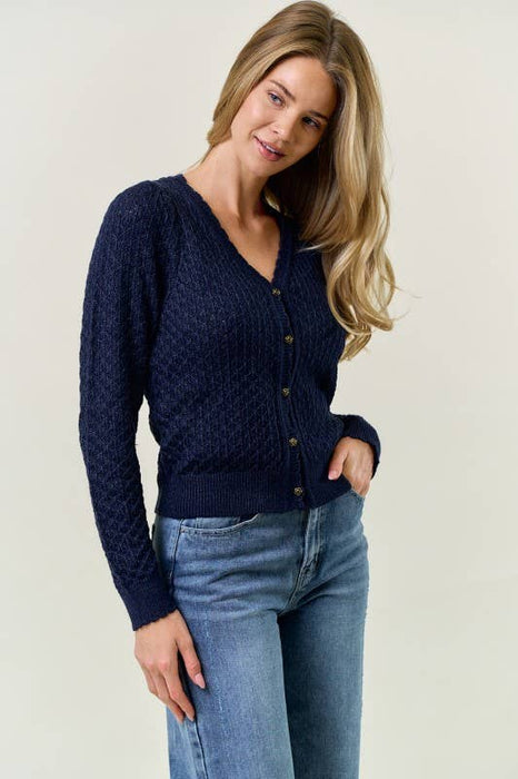 Indigo Pointelle Cardigan w/ Rose Buttons