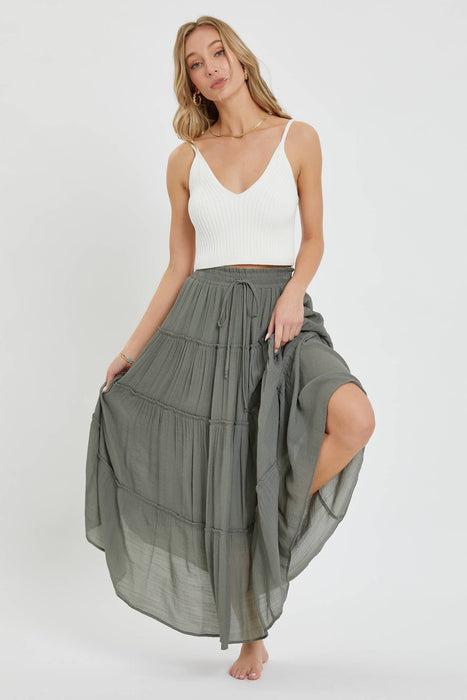 Olive Flowy Tiered Maxi Skirt