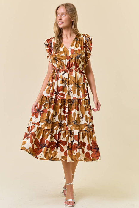 Floral Satin Ruffle Tiered Midi Dress