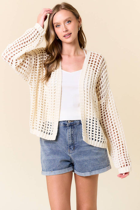 Fishnet Cropped Open Cardigan - Off White