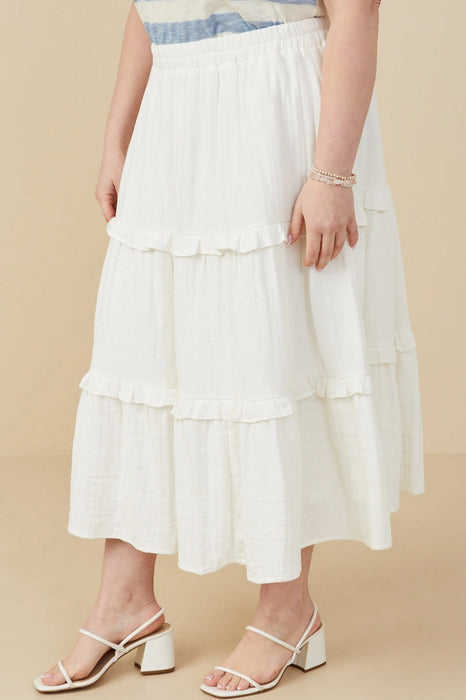 White Elastic Waist Ruffle Seamed Textured Skirt